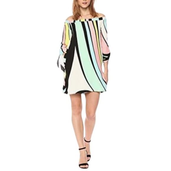 Nicole Miller Size 8 Mini 70s Dress Colorful Off Shoulder Tie Sleeve Cocktail - Picture 1 of 12